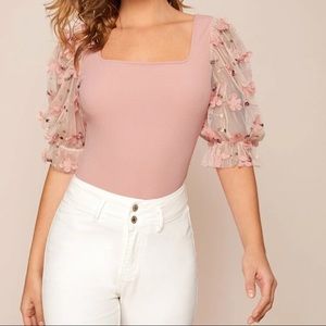 NWOT SHEIN Size M Square Neck Tulle Puff Sleeve Blouse Pink 3D Floral appliqués